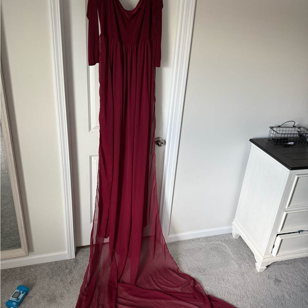 Elegant off the shoulder Burgundy Maternity photo shoot Gown